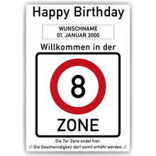 Laden Sie das Bild in den Galerie-Viewer, 8. Geburtstag Geschenk personalisiert Verkehrszeichen Deko Geburtstagsgeschenk Happy Birthday Geburtstagskarte
