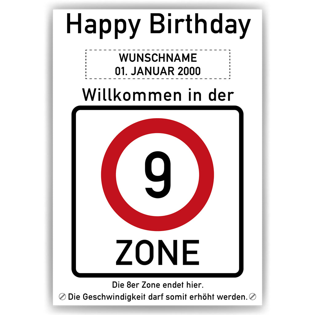 Willkommen in der 9 Zone – Poster zum 9. Geburtstag, personalisiert mit Name und Datum