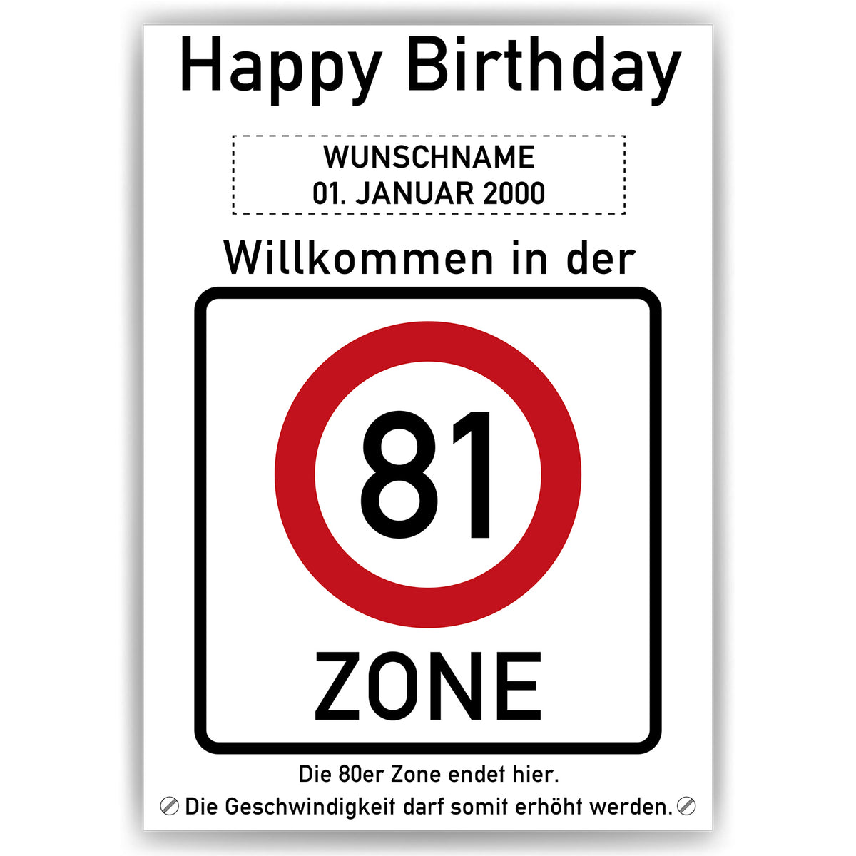 81. Geburtstag Geschenk personalisiert Verkehrszeichen Deko Geburtstagsgeschenk Happy Birthday Geburtstagskarte