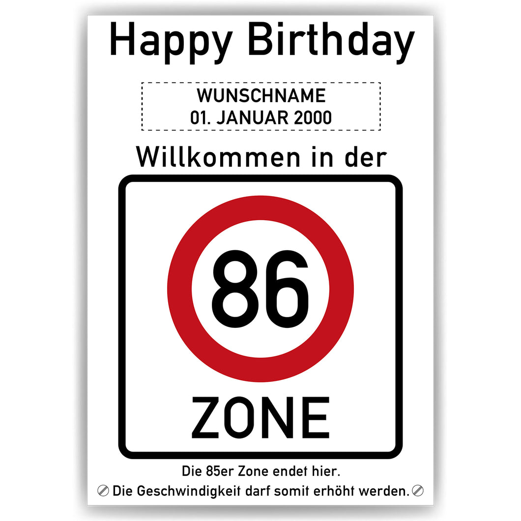 86. Geburtstag Geschenk personalisiert Verkehrszeichen Deko Geburtstagsgeschenk Happy Birthday Geburtstagskarte