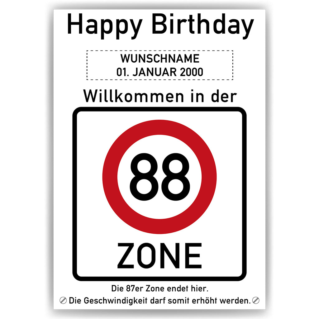 Willkommen in der 88 Zone – Poster zum 88. Geburtstag, personalisiert mit Name und Datum