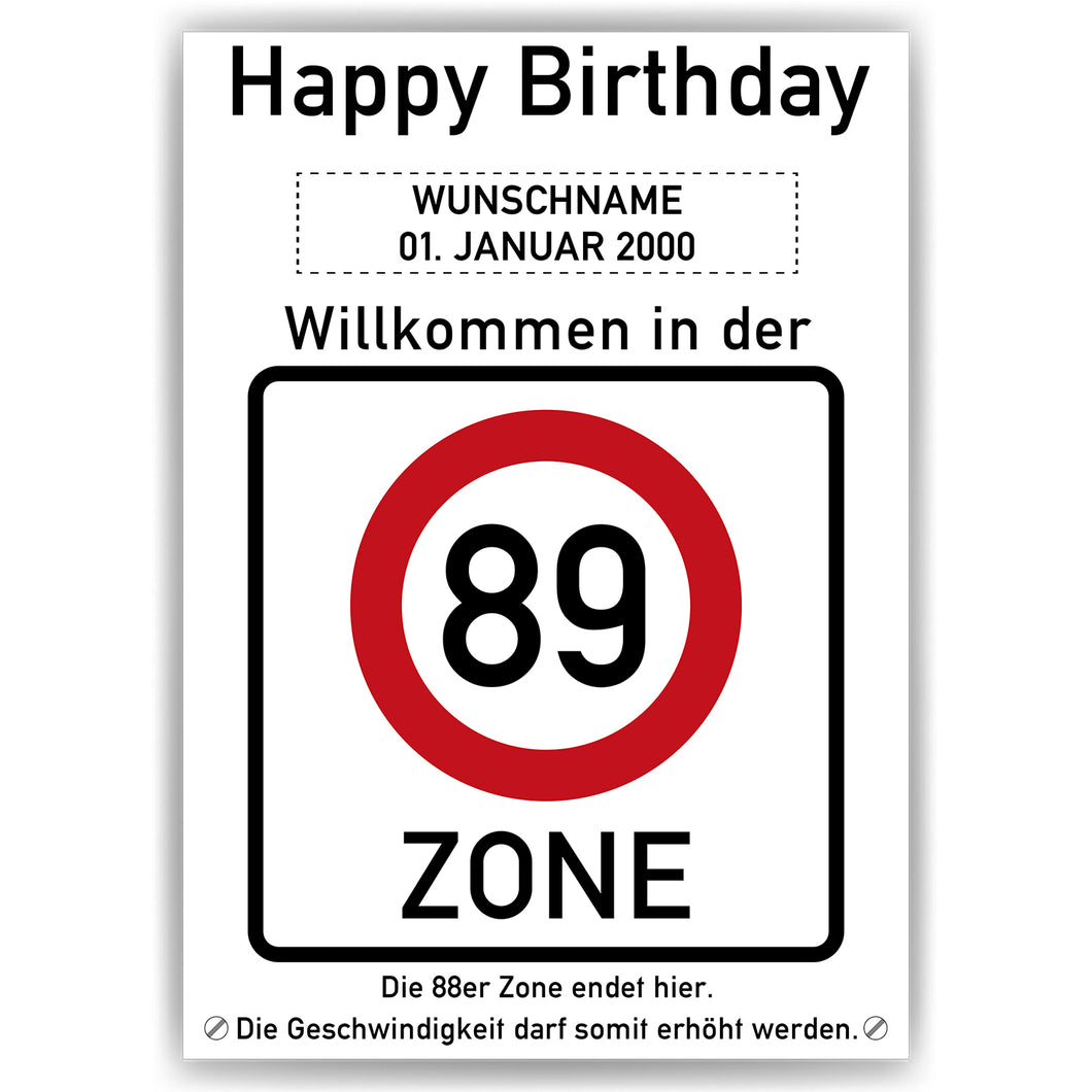 89. Geburtstag Geschenk personalisiert Verkehrszeichen Deko Geburtstagsgeschenk Happy Birthday Geburtstagskarte