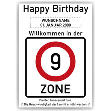 Laden Sie das Bild in den Galerie-Viewer, 9. Geburtstag Geschenk personalisiert Verkehrszeichen Deko Geburtstagsgeschenk Happy Birthday Geburtstagskarte
