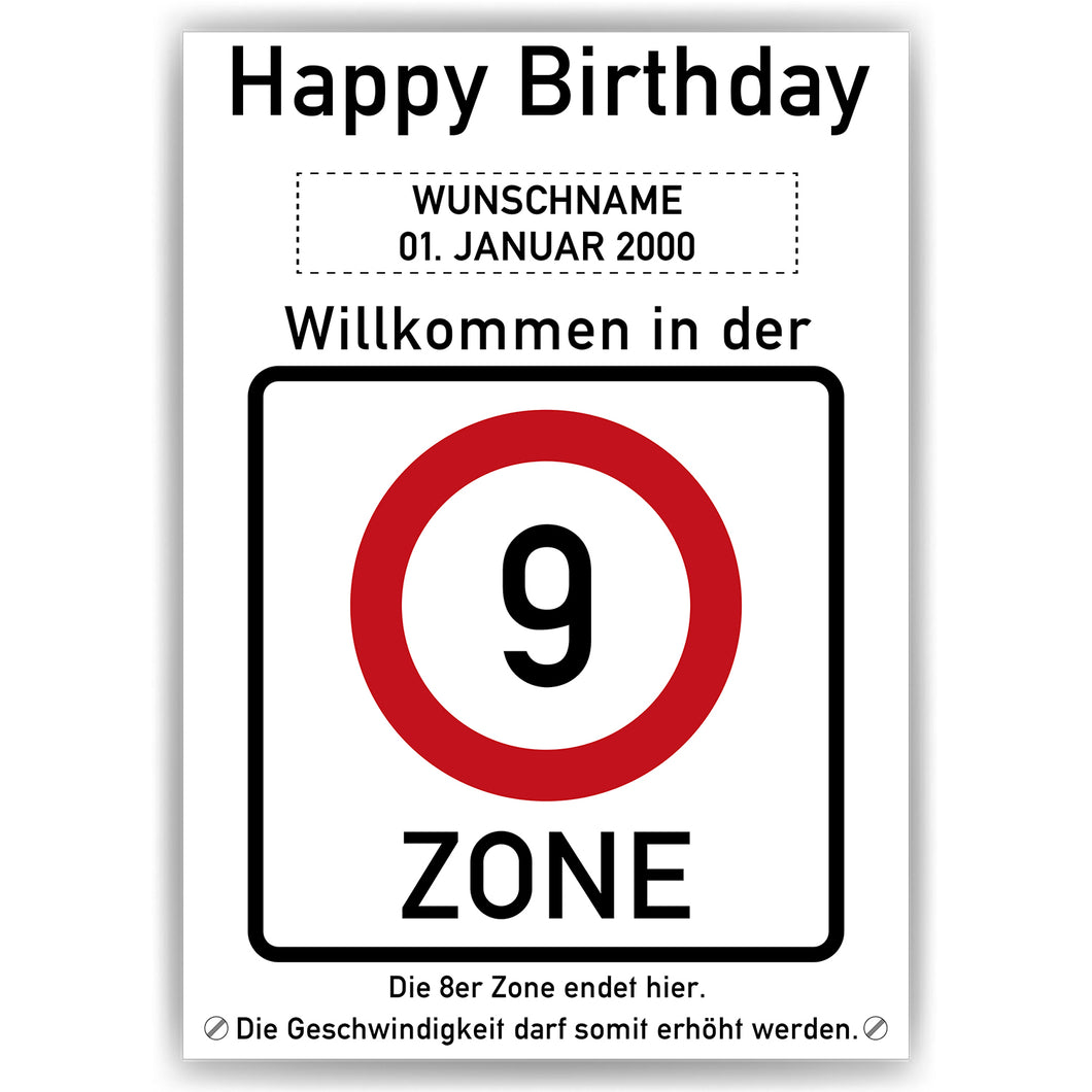 9. Geburtstag Geschenk personalisiert Verkehrszeichen Deko Geburtstagsgeschenk Happy Birthday Geburtstagskarte