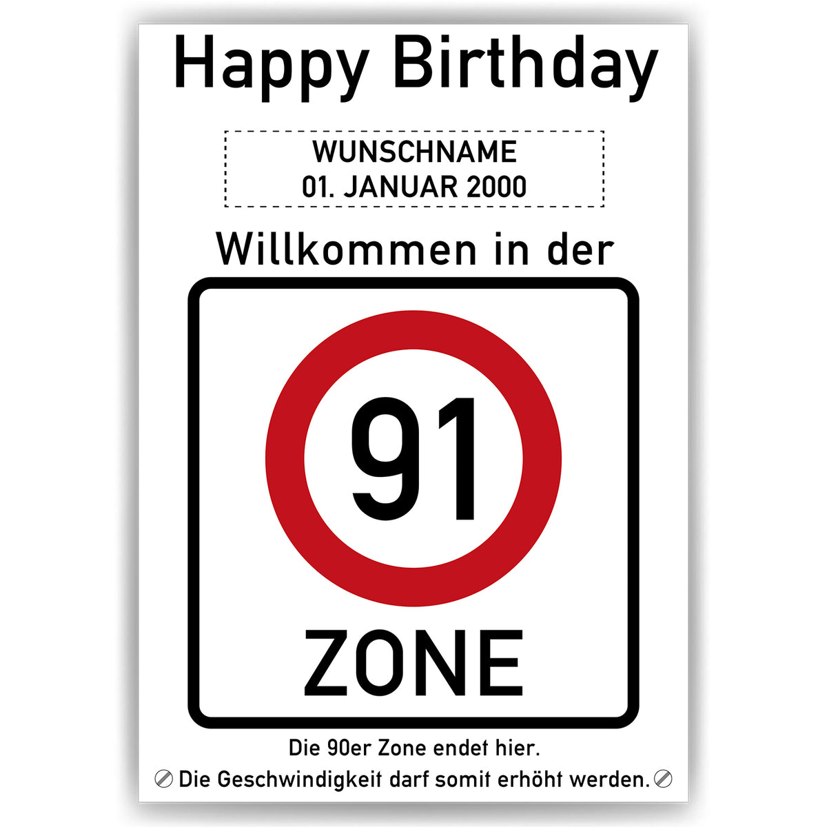 91. Geburtstag Geschenk personalisiert Verkehrszeichen Deko Geburtstagsgeschenk Happy Birthday Geburtstagskarte