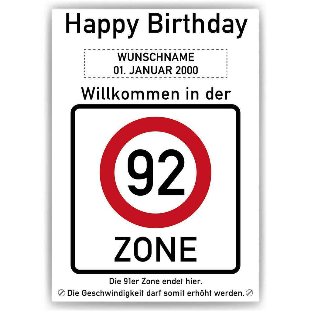 Willkommen in der 92 Zone – Poster zum 92. Geburtstag, personalisiert mit Name und Datum