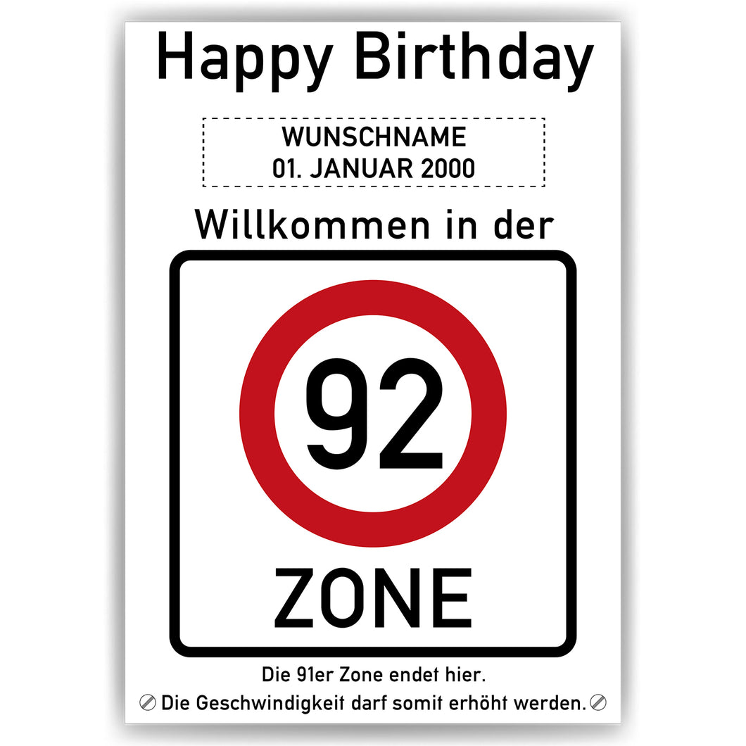 92. Geburtstag Geschenk personalisiert Verkehrszeichen Deko Geburtstagsgeschenk Happy Birthday Geburtstagskarte