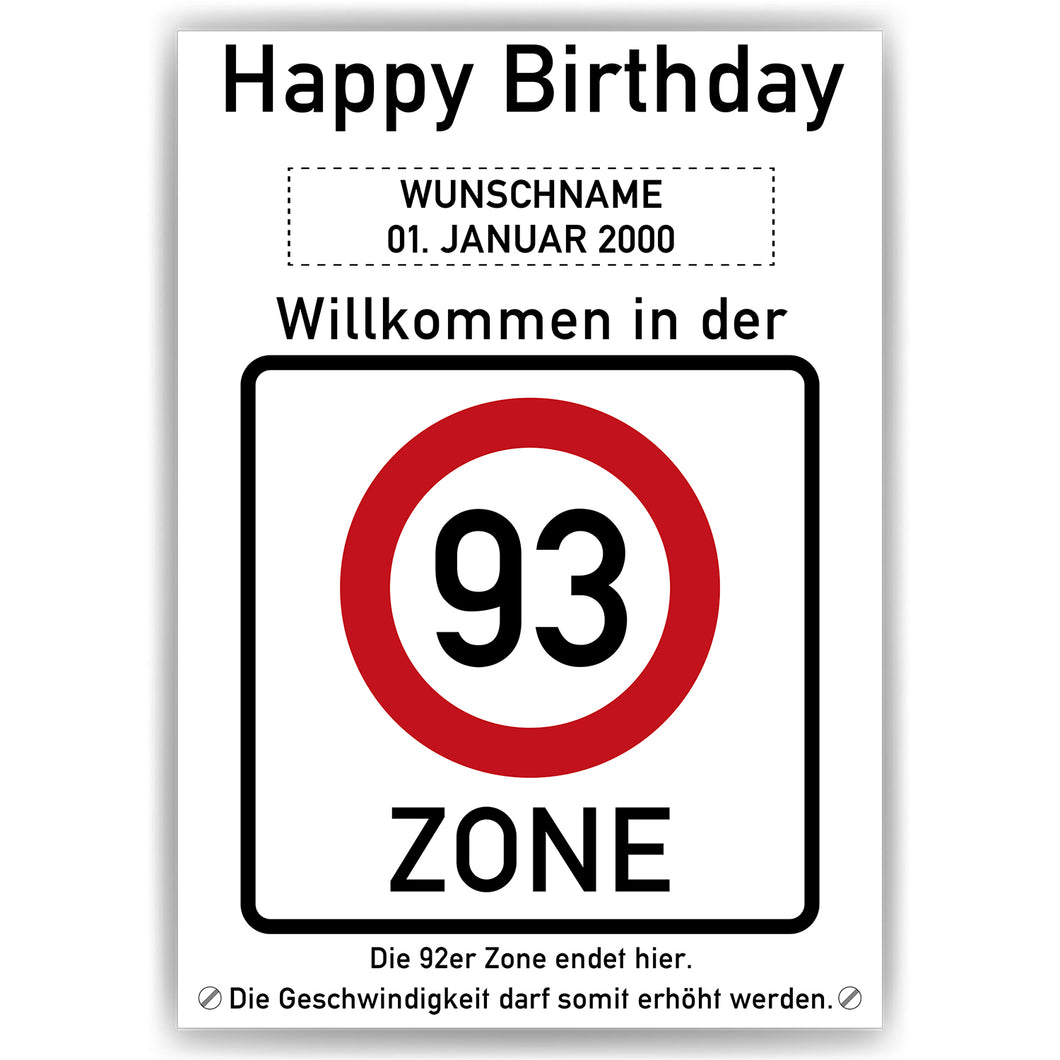 93. Geburtstag Geschenk personalisiert Verkehrszeichen Deko Geburtstagsgeschenk Happy Birthday Geburtstagskarte