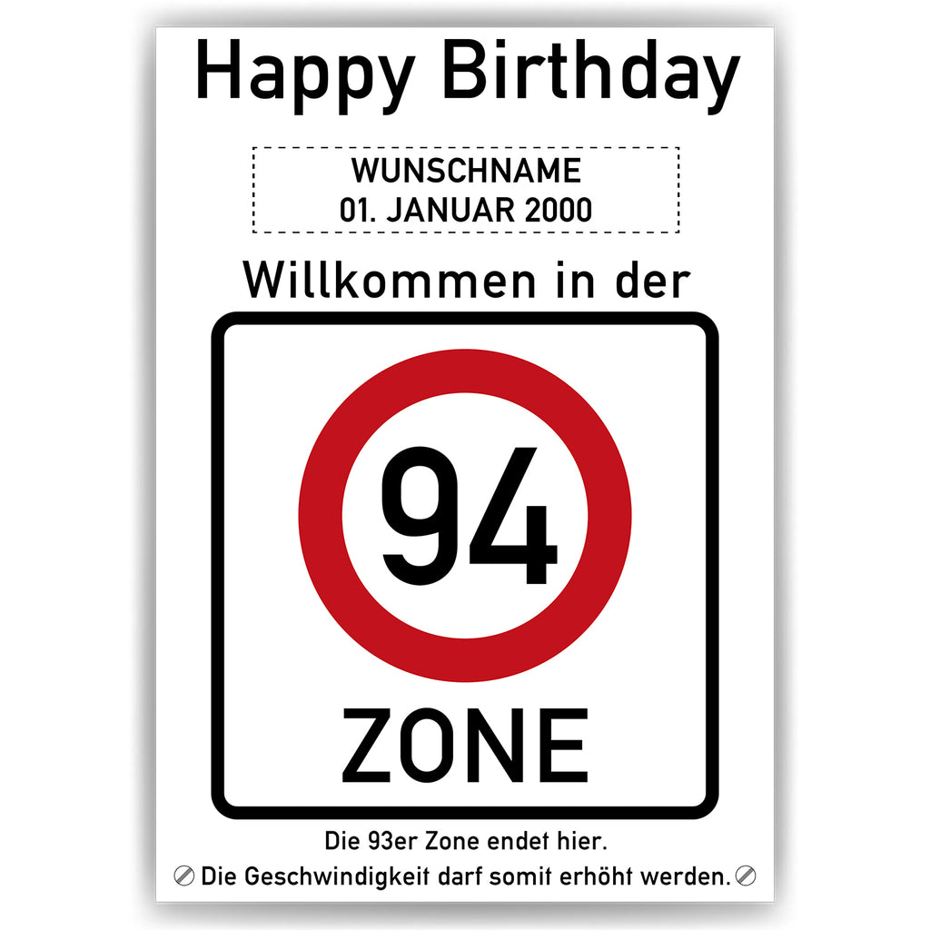 Willkommen in der 94 Zone – Poster zum 94. Geburtstag, personalisiert mit Name und Datum
