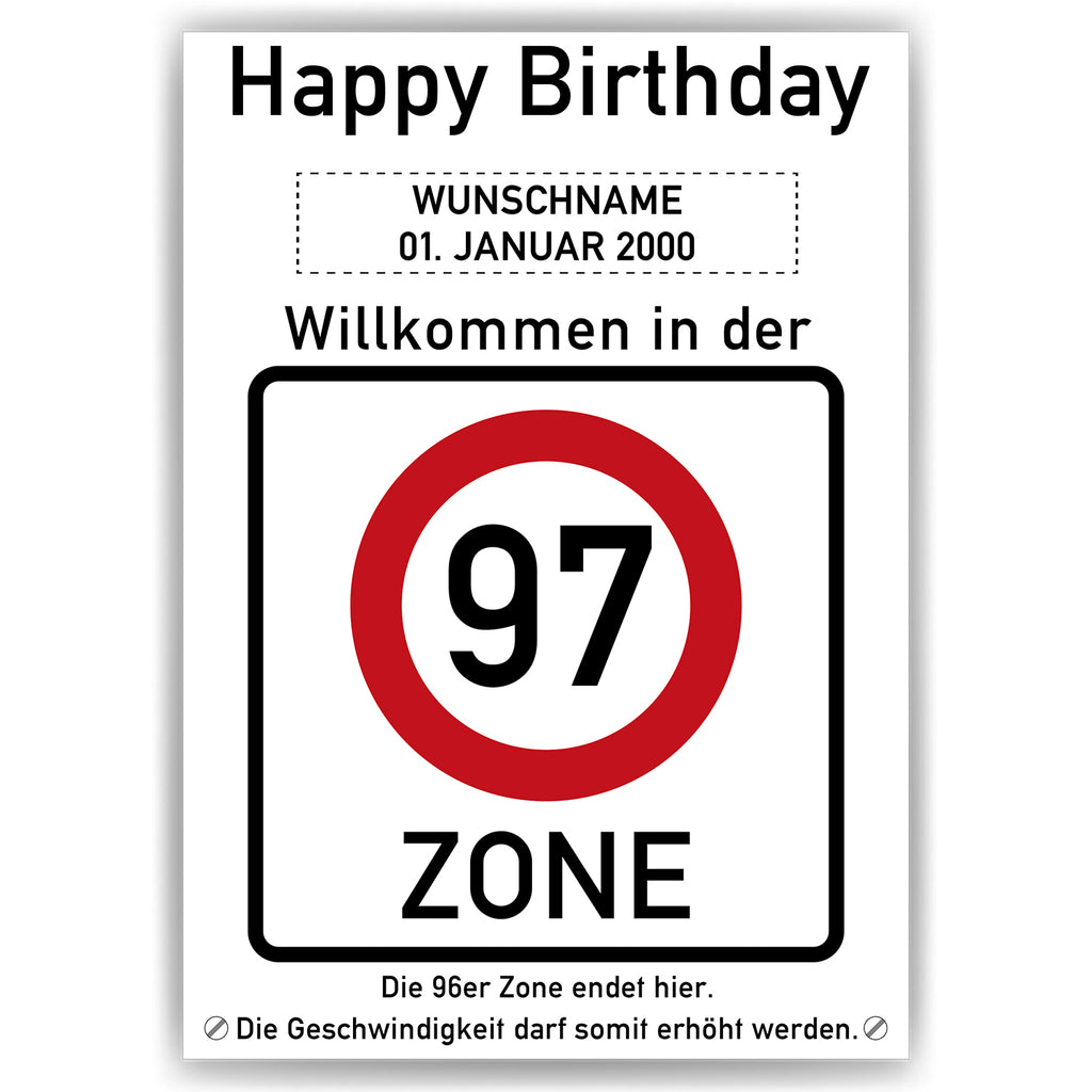 Willkommen in der 97 Zone – Poster zum 97. Geburtstag, personalisiert mit Name und Datum
