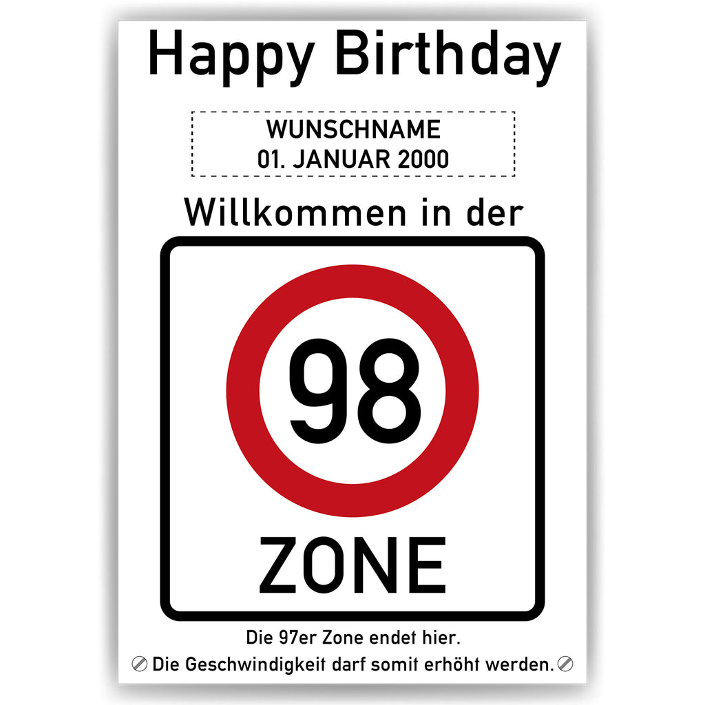 Willkommen in der 98 Zone – Poster zum 98. Geburtstag, personalisiert mit Name und Datum