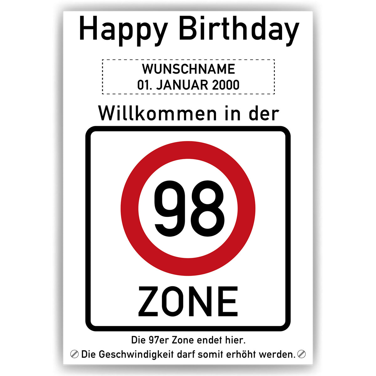 98. Geburtstag Geschenk personalisiert Verkehrszeichen Deko Geburtstagsgeschenk Happy Birthday Geburtstagskarte
