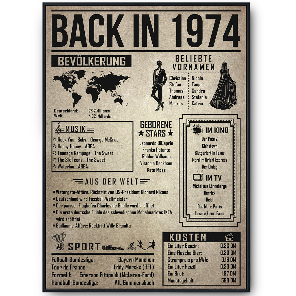 Back in 1974 Poster zum 52. Geburtstag – Jahrgang 1974 Rückblick, personalisierbar mit Name