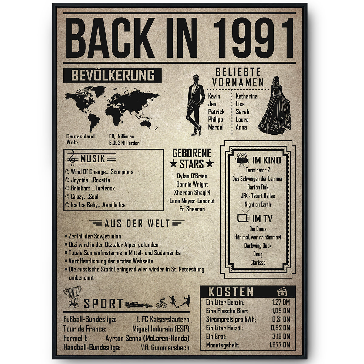 35. Geburtstag Geschenkidee personalisierbar | Poster Jahrgang 1991 Geschenk | Back in 1991 Rückblick