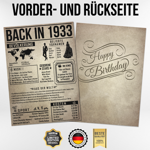 91. Geburtstag Geschenkidee personalisierbar | Poster Jahrgang 1933 Geschenk | Back in 1933 Rückblick