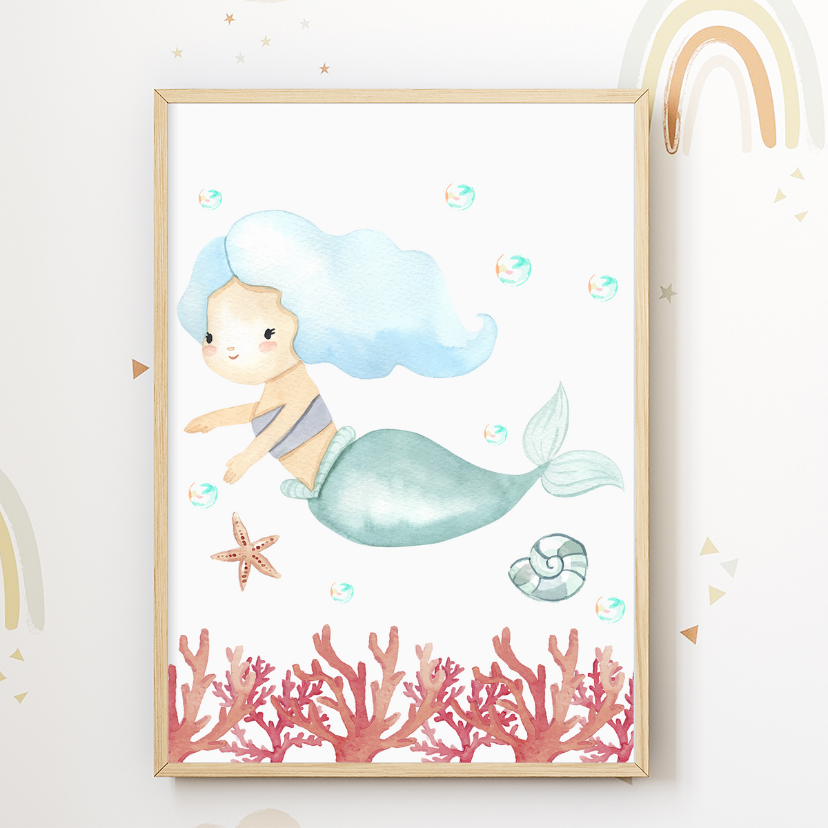 Meerjungfrau Seepferdchen Koralle 4er Set Bilder Kinderzimmer Deko DIN A4 Poster Babyzimmer Wandbilder