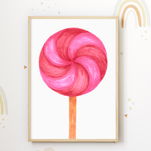 Laden Sie das Bild in den Galerie-Viewer, Candy Zuckerwatte Donut Lollipop 3er Set Bilder Süßigkeiten Kinderzimmer Deko DIN A4 Poster Wandbilder
