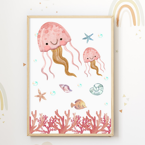 Meerjungfrau Seepferdchen Koralle 4er Set Bilder Kinderzimmer Deko DIN A4 Poster Babyzimmer Wandbilder