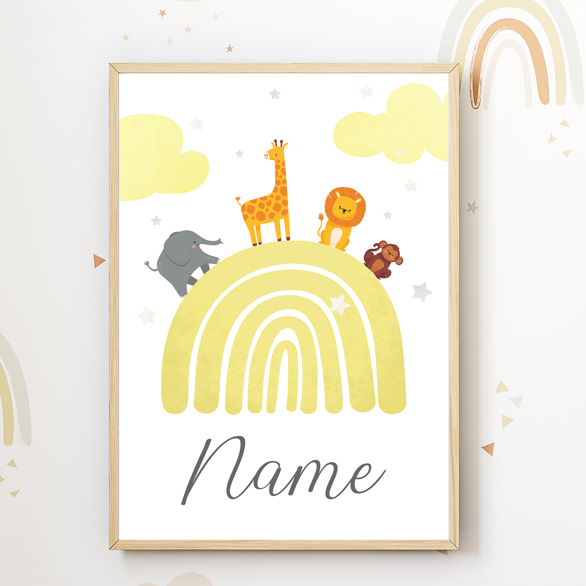 Kinderposter personalisiert mit Namen | Kinderzimmer Regenbogen Safari Tiere