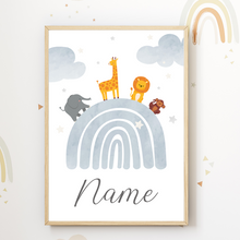 Laden Sie das Bild in den Galerie-Viewer, Kinderposter personalisiert mit Namen | Kinderzimmer Regenbogen Safari Tiere

