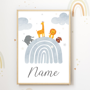Kinderposter personalisiert mit Namen | Kinderzimmer Regenbogen Safari Tiere