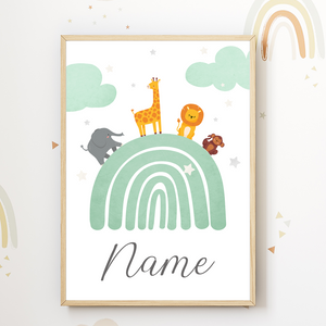 Kinderposter personalisiert mit Namen | Kinderzimmer Regenbogen Safari Tiere
