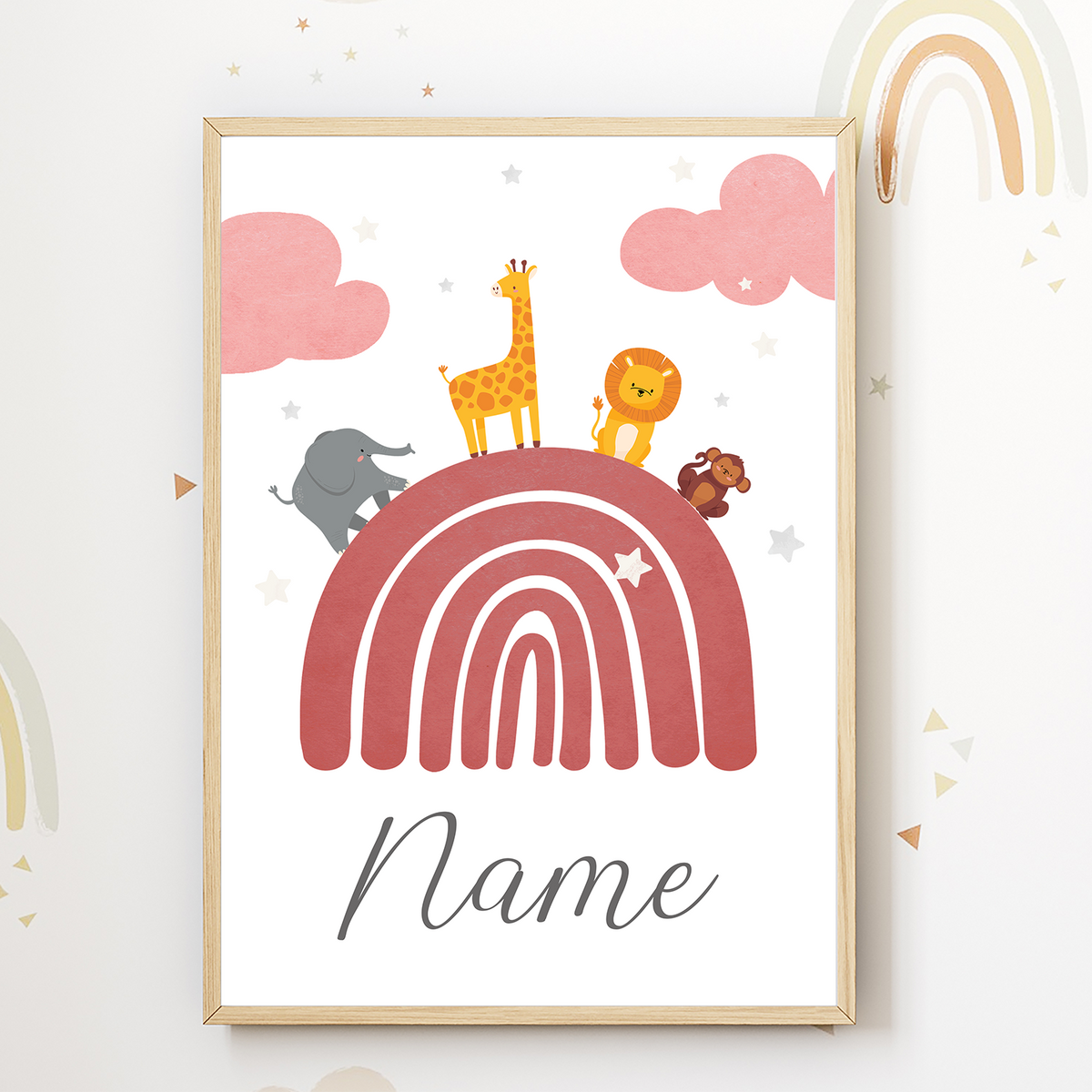 Kinderposter personalisiert mit Namen | Kinderzimmer Regenbogen Safari Tiere