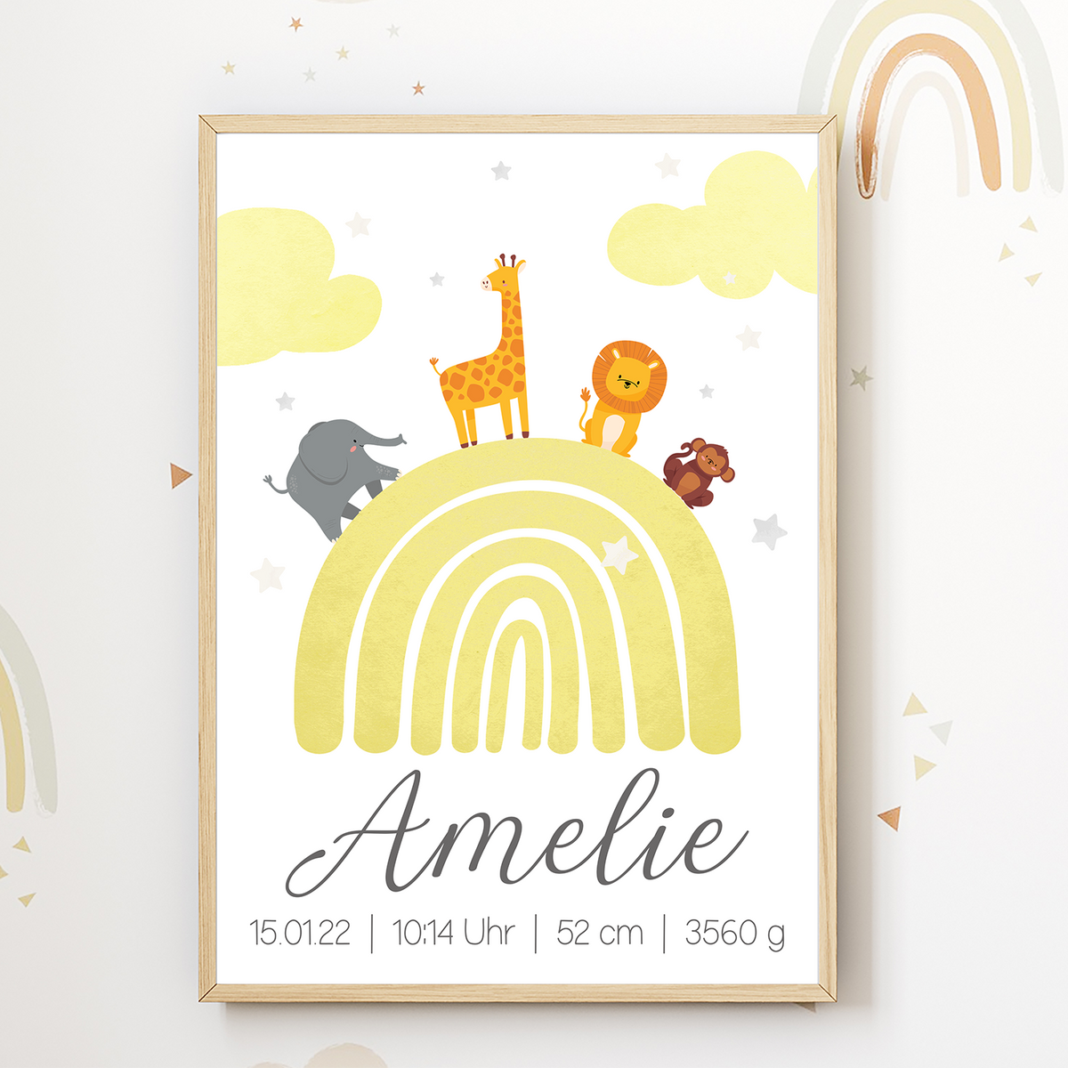 Regenbogen Safari Tiere Geburtsposter personalisiert | Babyposter Kinderposter Kinderzimmer Geschenk zur Geburt