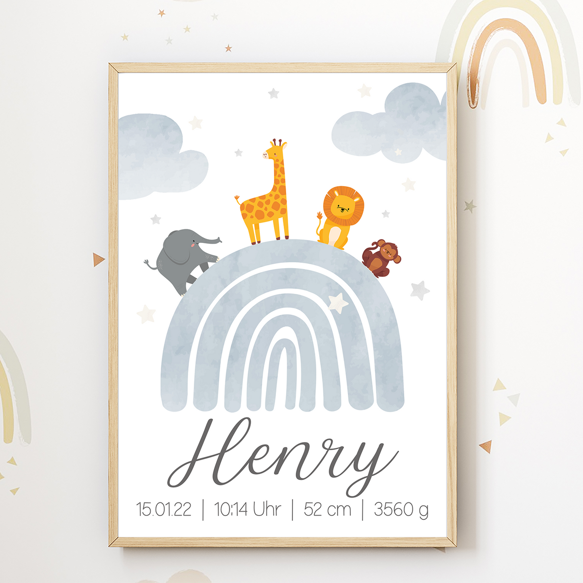 Regenbogen Safari Tiere Geburtsposter personalisiert | Babyposter Kinderposter Kinderzimmer Geschenk zur Geburt
