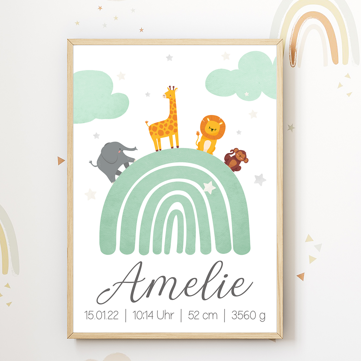 Regenbogen Safari Tiere Geburtsposter personalisiert | Babyposter Kinderposter Kinderzimmer Geschenk zur Geburt