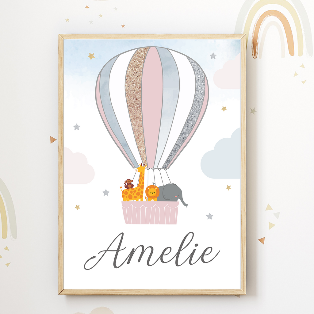Kinderposter personalisiert mit Namen | Kinderzimmer Regenbogen Safari Tiere