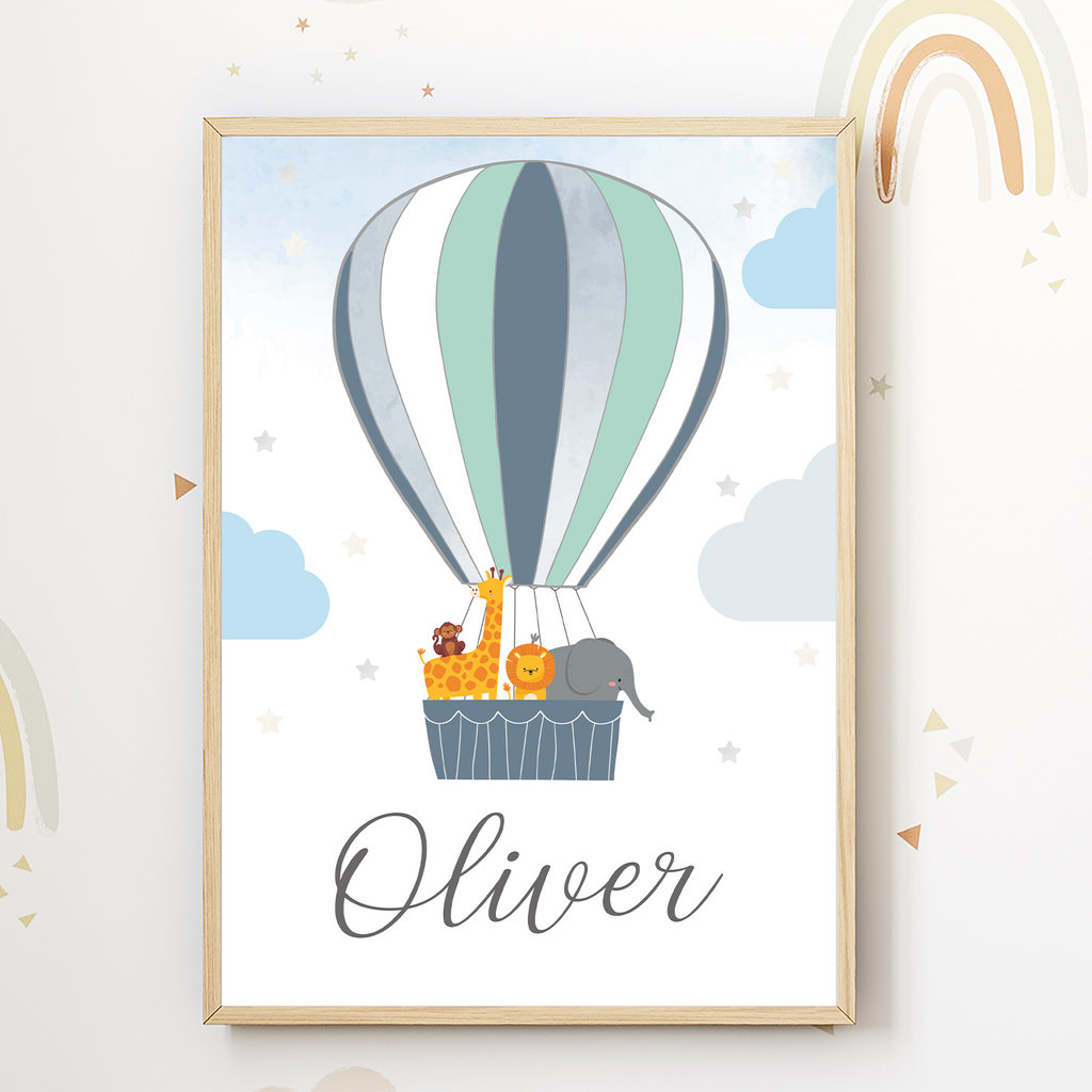 Kinderposter personalisiert Name | Kinderzimmer Bild Heißluftballon Safari Tiere