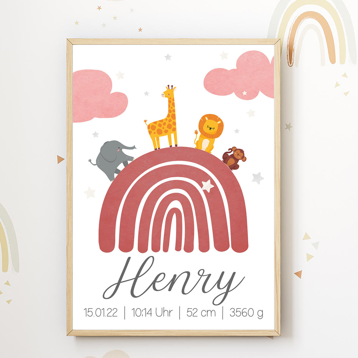 Regenbogen Safari Tiere Geburtsposter personalisiert | Babyposter Kinderposter Kinderzimmer Geschenk zur Geburt