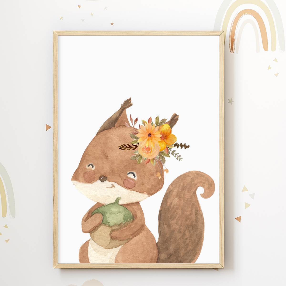 Eichhörnchen Blumenkranz Bild Kinderzimmer Deko DIN A4 Poster Babyzimmer Wandbild