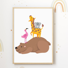 Laden Sie das Bild in den Galerie-Viewer, Zootiere Waldtiere Freunde Bild DIN A4 Kinderzimmer Wandbild Babyzimmer Poster Dekoration
