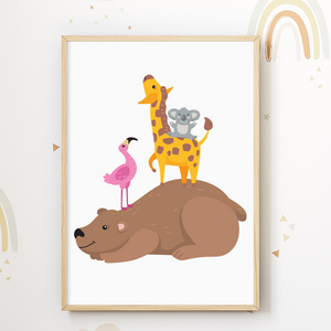 Zootiere Waldtiere Freunde Bild DIN A4 Kinderzimmer Wandbild Babyzimmer Poster Dekoration