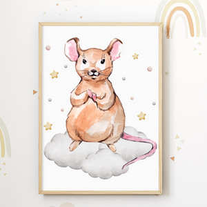 Maus Wolke Bild Kinderzimmer Deko DIN A4 Poster Babyzimmer Wandbild