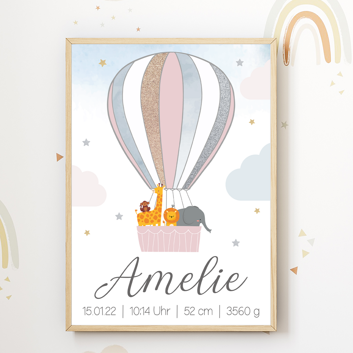 Geburtsposter personalisiert | Heißluftballon Safari Tiere Babyposter Kinderzimmer Bild Kinderposter