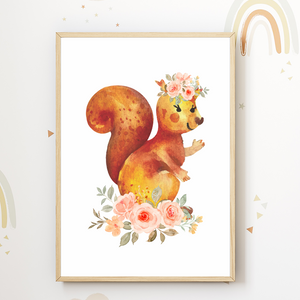 Eichhörnchen Blumen Bild DIN A4 Kinderzimmer Wandbild Deko Babyzimmer Poster