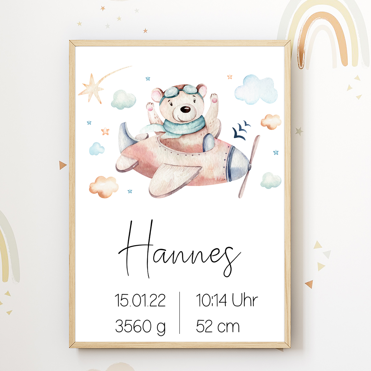 Flugzeug Bär Geburtsposter personalisiert | Name Name Uhrzeit Größe Gewicht | Kinderzimmer Bild Babyposter Kinderposter Geschenk