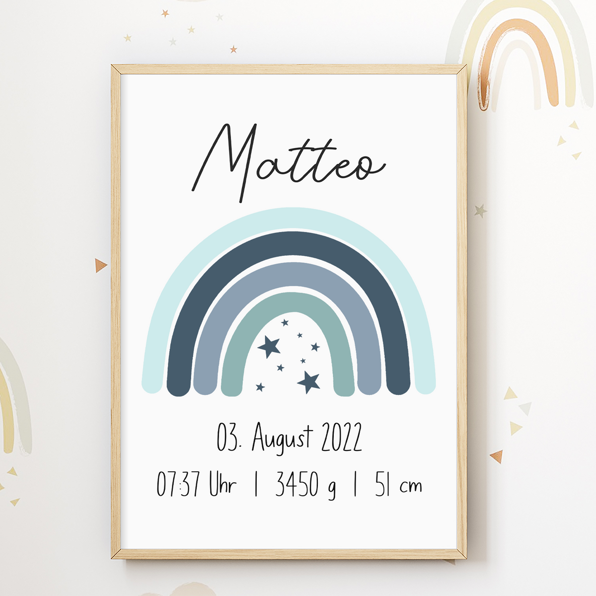 Blauer Regenbogen Geburtsposter Personalisiert Name Uhrzeit Größe Gewicht | Kinderzimmer Babygeschenk  | Geburt Baby Poster