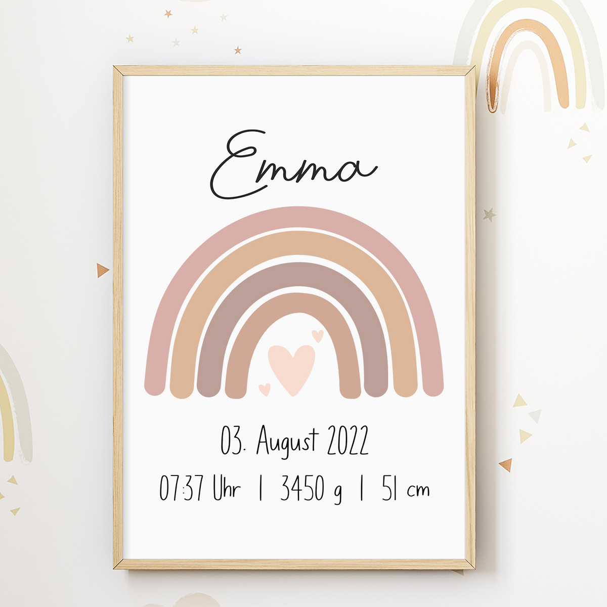 Rosa Regenbogen Geburtsposter Personalisiert Name Uhrzeit Größe Gewicht | Kinderzimmer Babygeschenk  | Geburt Baby Poster