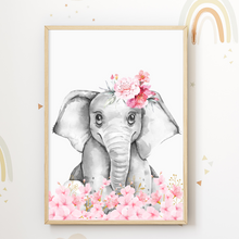 Laden Sie das Bild in den Galerie-Viewer, Süße Blumen Tiere Elefant Tiger Hase Bilder 3er Set DIN A4 Kinderzimmer Wandbilder Babyzimmer Poster Dekoration
