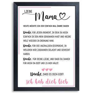 Danke Liebe Mama Poster Danksagung DIN A4 Kunstdruck Muttertag Geschenk Dankeschön Beste Mutter Wandbild Mama Geburtstag Weihnachten