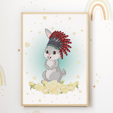 Laden Sie das Bild in den Galerie-Viewer, Waldtiere Bilder 6er Set DIN A4 Kinderzimmer Wandbilder Babyzimmer Poster Dekoration - Boho Regenbogen Hase Igel Bär Waschbär
