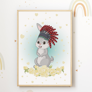 Waldtiere Bilder 6er Set DIN A4 Kinderzimmer Wandbilder Babyzimmer Poster Dekoration - Boho Regenbogen Hase Igel Bär Waschbär