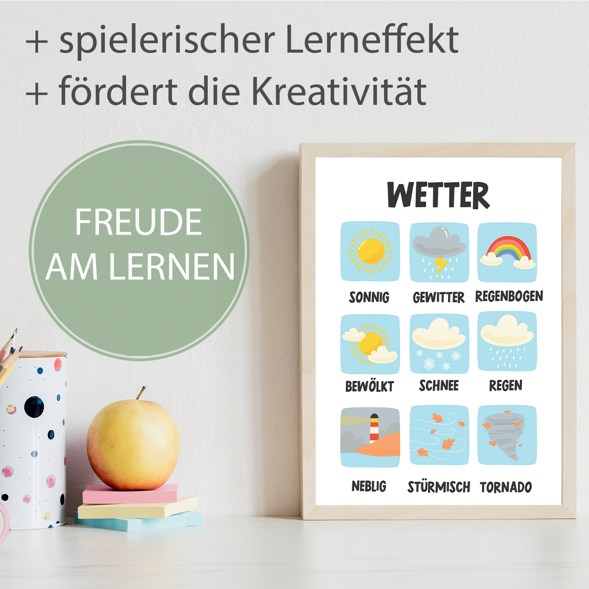 Kinderposter 8er Set ABC, Monate, Wochentage, Farben, Welt, Wetter, Zahlen & Formen Lernposter Kinderzimmer Wandbilder Alphabet Lernhilfe