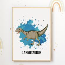 Laden Sie das Bild in den Galerie-Viewer, Dinosaurier Carnotaurus Trex Velociraptor Mosasaurus Bilder 4er Set DIN A4 Kinderzimmer Wandbilder Babyzimmer Poster Dekoration
