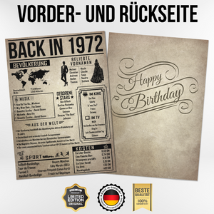 52. Geburtstag Geschenkidee personalisierbar | Poster Jahrgang 1972 Geschenk | Back in 1972 Rückblick
