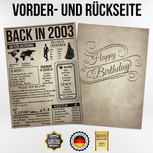21. Geburtstag Geschenkidee personalisierbar | Poster Jahrgang 2003 Geschenk | Back in 2003 Rückblick